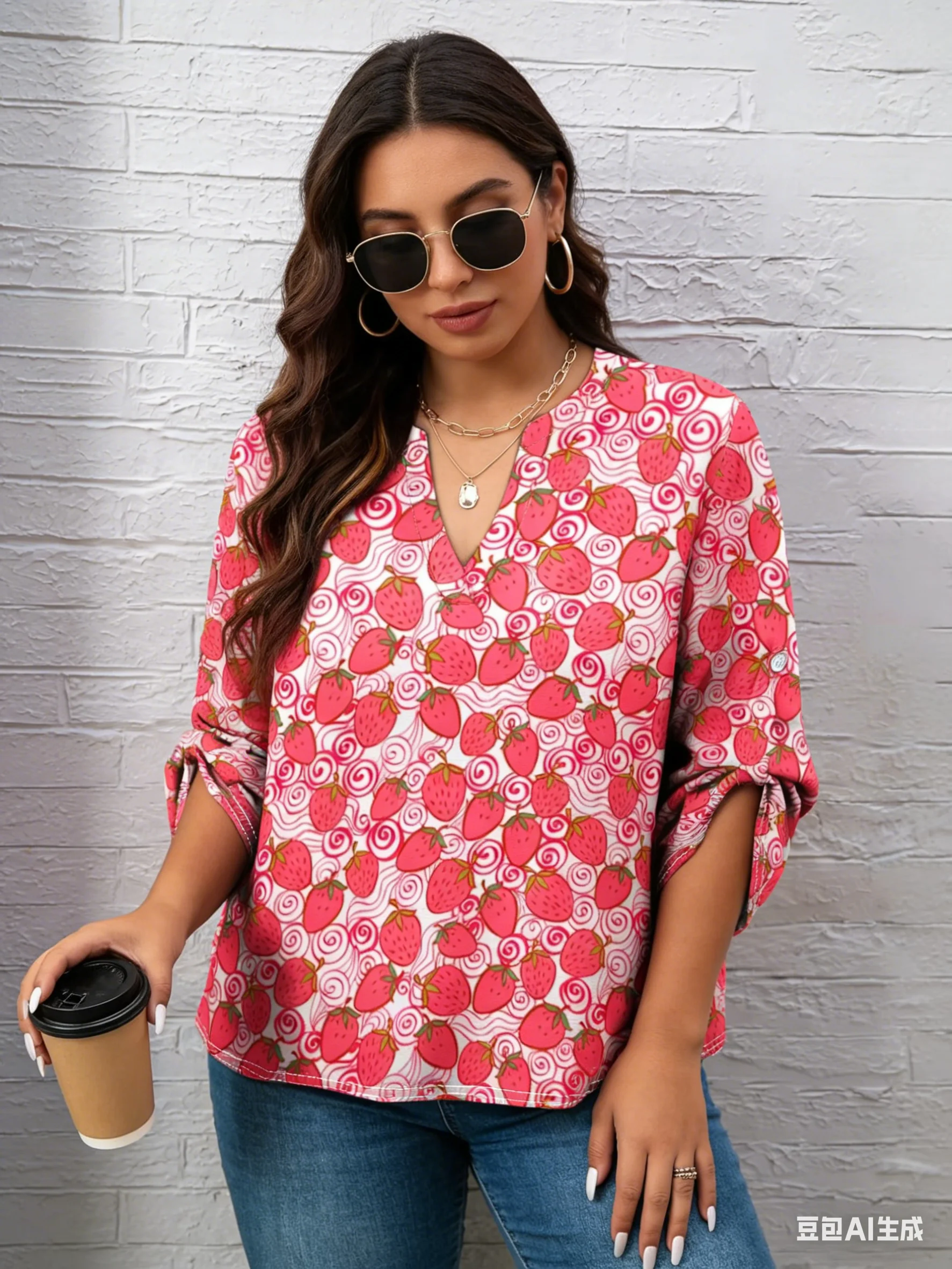 

CLOOCL Strawberry Printed Women T-shirt Long Sleeved T-shirts Oversized V-neck Streetwear Tops Women Plus Size Clothing