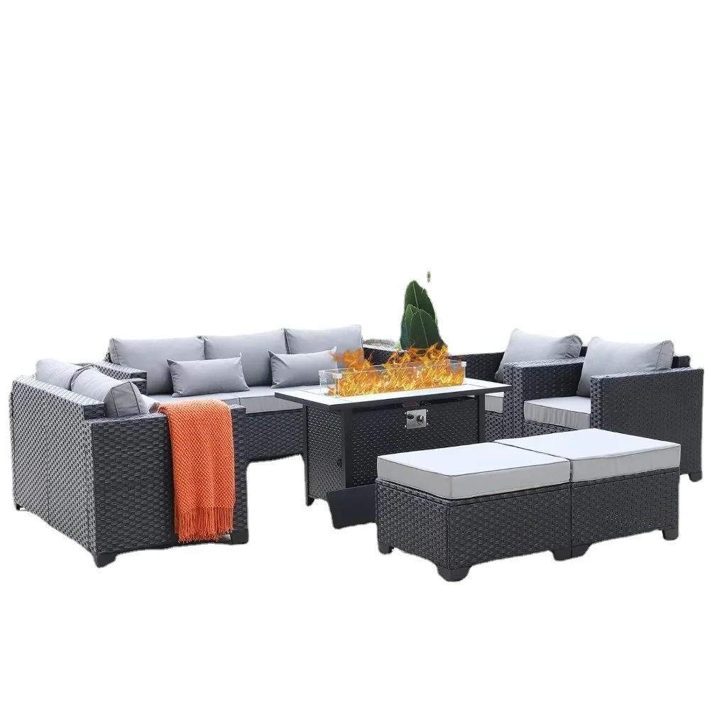 XMSJ Set Furniture taman, 7 buah, Set taman lubang api meja teras, bantal tidak licin dan penutup tahan air, Set furnitur taman