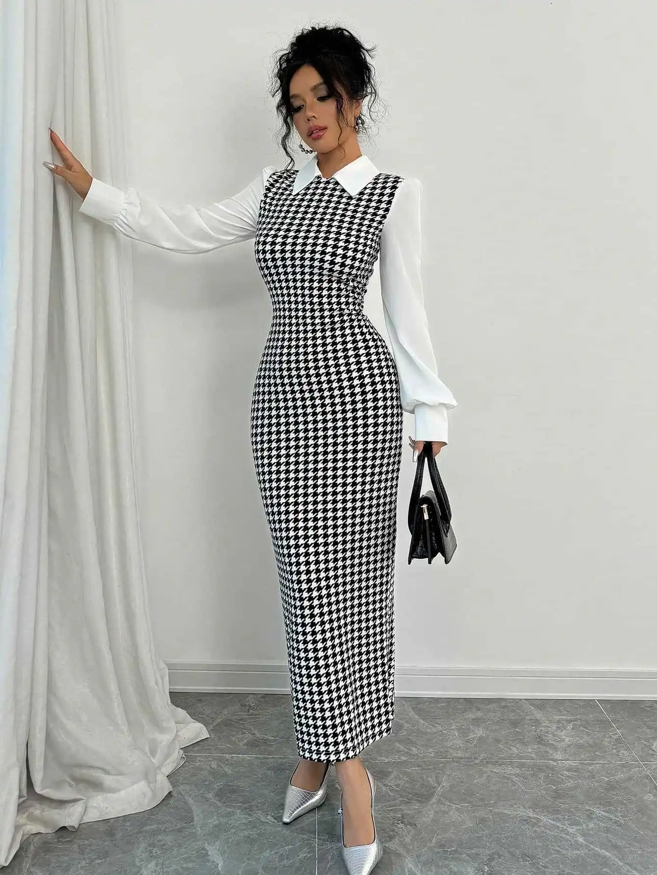 Women's Houndstooth Bodycon Midi Dress Elegant Puff Sleeve Slim Fit Dress for Office/Party - Image 6