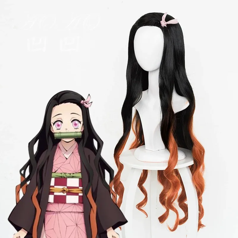 Cy100cm/39 "أنيمي كيميتسو نو يابا كامادو Nezuko كوس شعر طويل أسود مع برتقالي زي تنكري الباروكات + غطاء شعر مستعار