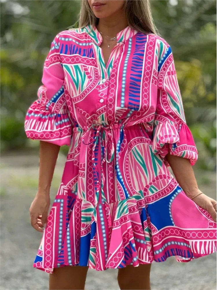 CPSYMYM Abiti da torta da donna svasati a maniche lunghe stampati alla moda Primavera autunno nuova coulisse in vita elegante abito camicia femminile