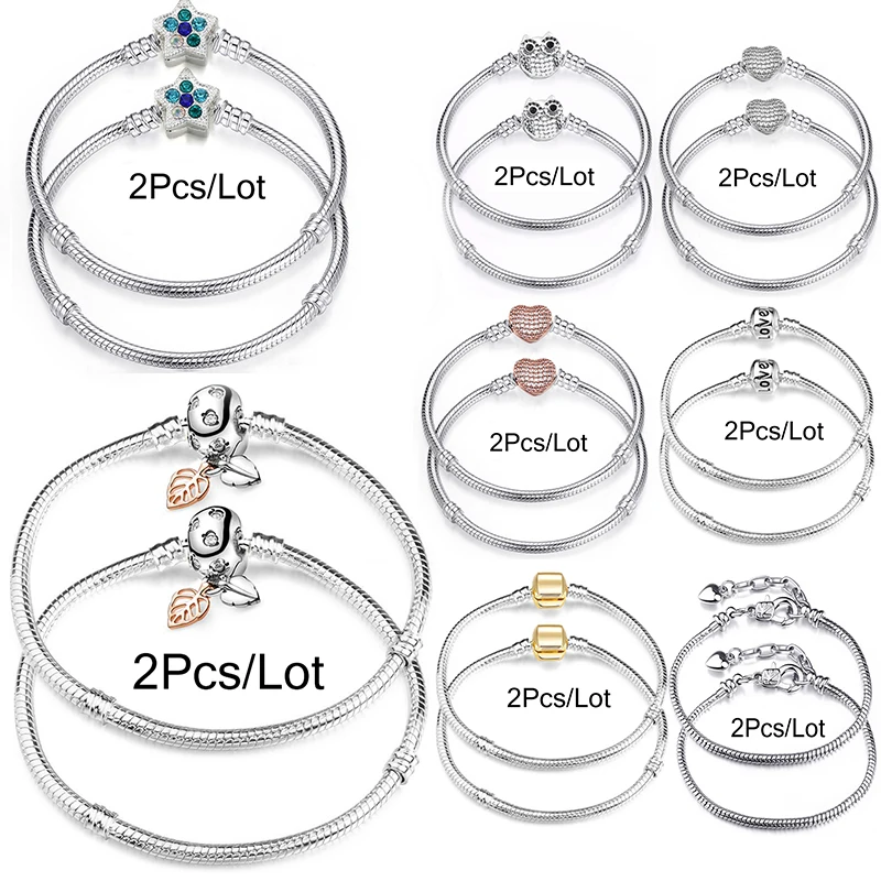 2Pcs/lot Hot Sale Real Silver Plated Bracelets Fit Original Design Beads Charms Bangles DIY Jewelry Making Gift For Women 2021