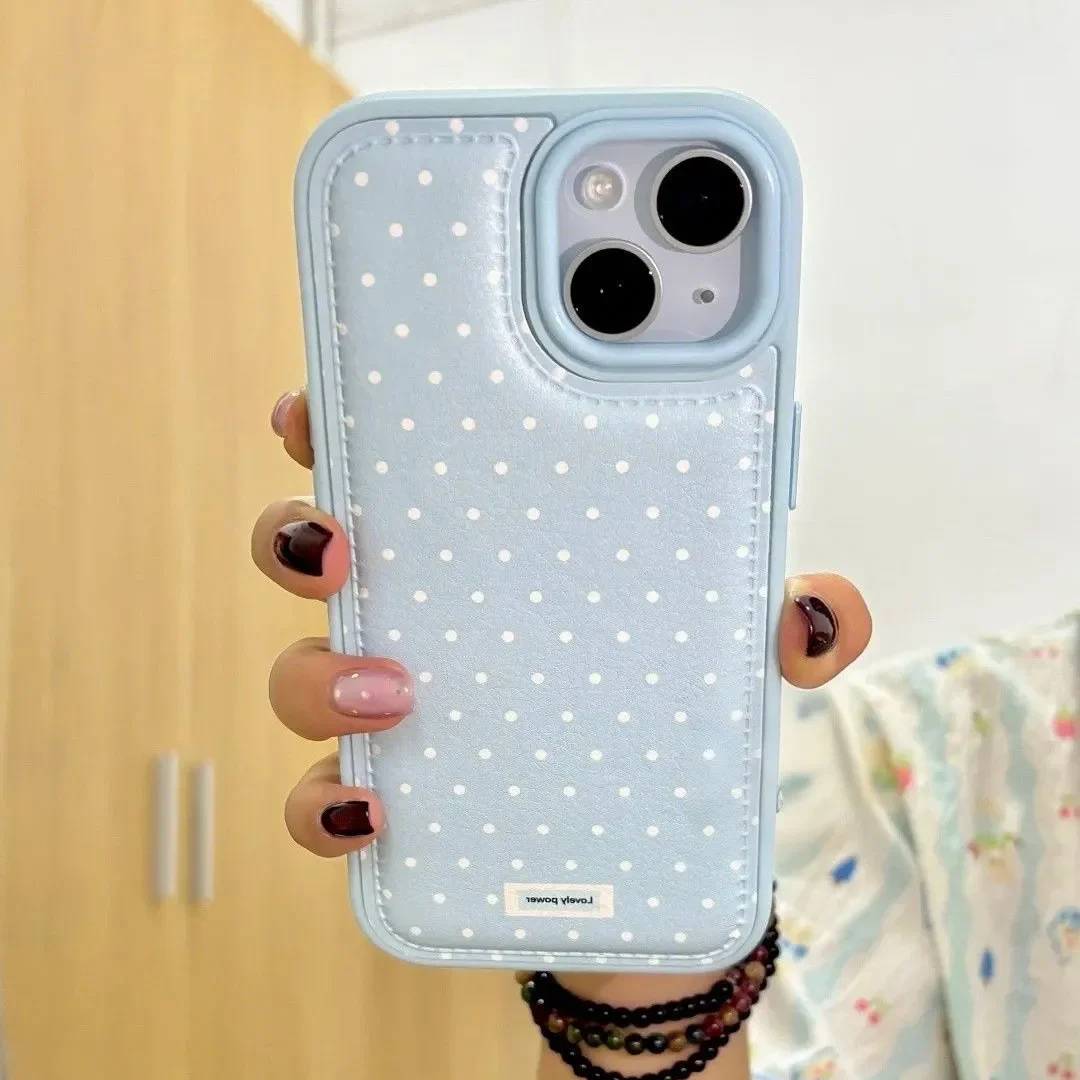 Ins Korean Small Fresh Full Screen Polka Dot Leather Phone Case For iPhone 17 air 16 15 14 13 12 11 Pro Max Plus Y2K Cute Cover