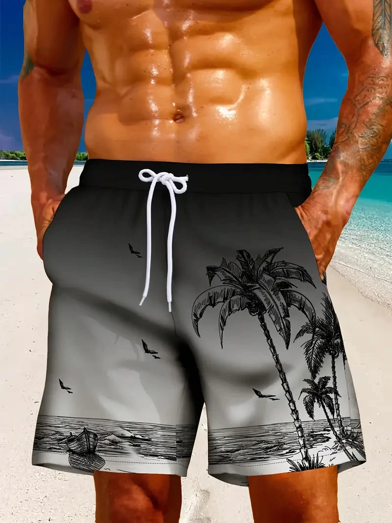 

Fashion Palm Tree Graphic Beach Shorts For Men Summer Trendy Holiday Vacation 3D Printed Swim Trunk Loose Breathable Board Short