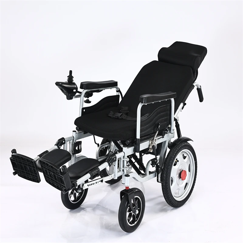 Sedia a rotelle elettrica pieghevole portatile stile reclinabile con schienale alto con controllo joystick per anziani e disabili