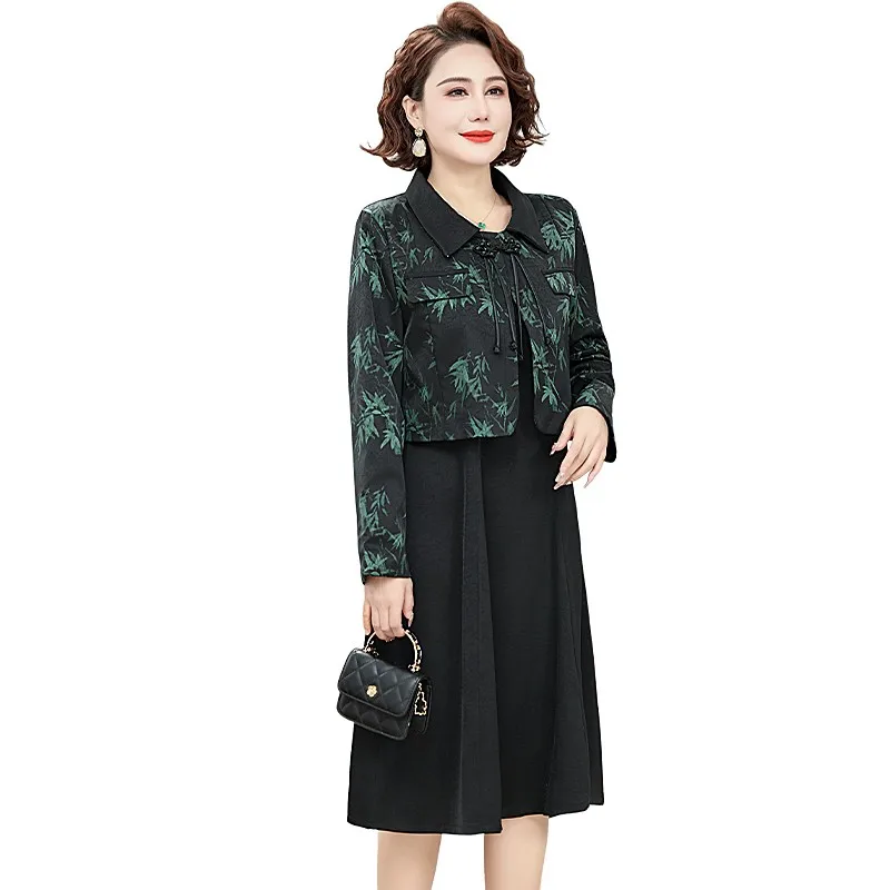 New Spring Autumn Long Sleeve Dress For Middle-aged Elderly Mothers Stylish Fashionable 2-piece Set