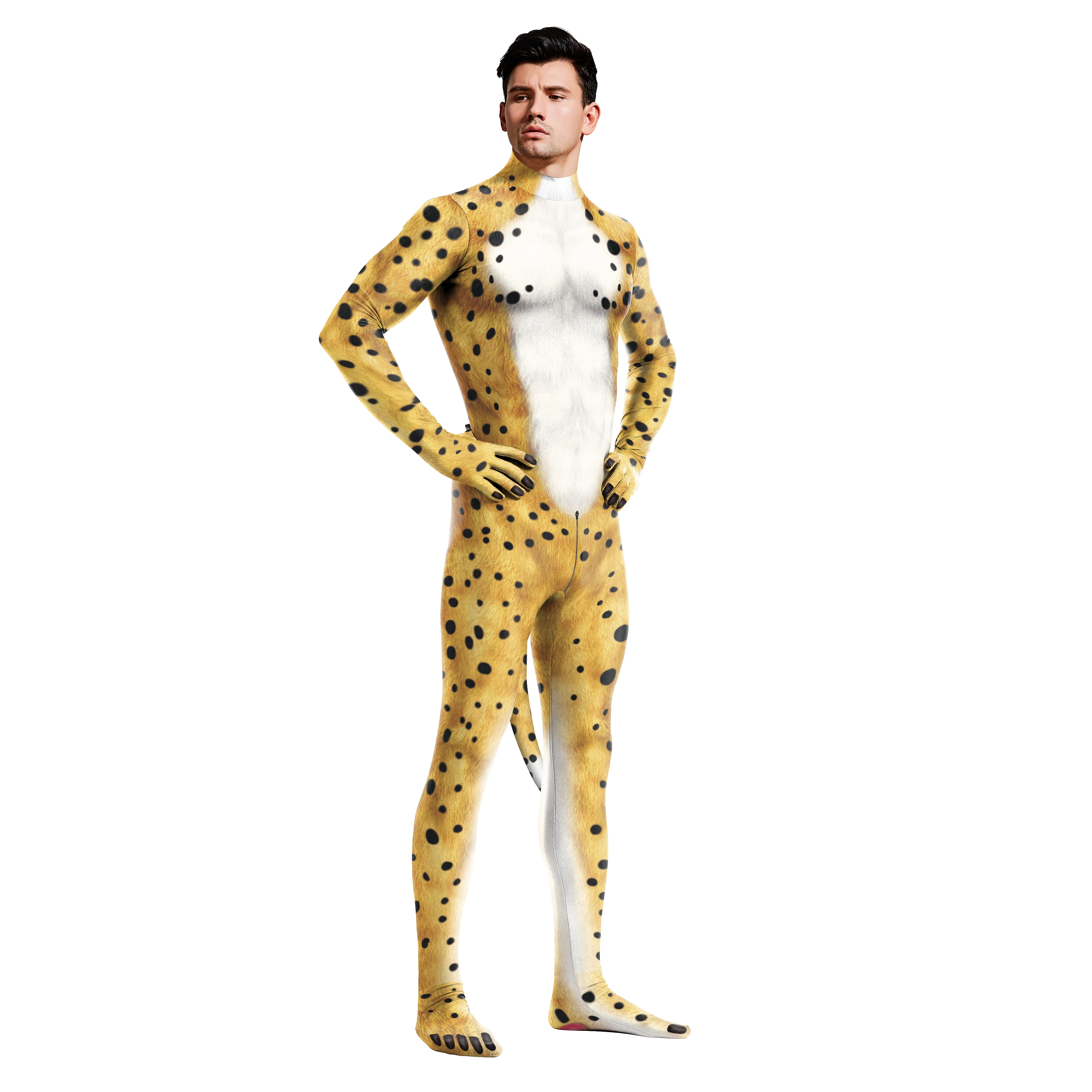 Zawaland Cosplay Zentai Bodysuit 3D Printed Cheetah Animal Men's Halloween Party Full body Costume Clothing Catsuit Jumpsuit