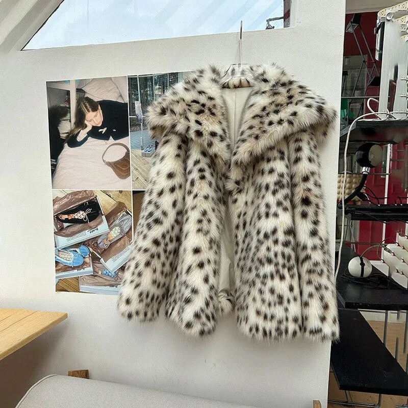 Leopard Print Fur Thicke Fur Jacket Women's Outwear Autumn Winter New Eco-Friendly Faux Fox Fur Leopard Print Lapel Fur Coat