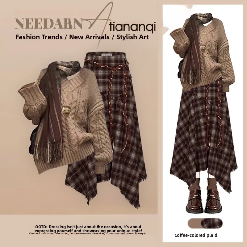 

Модный вязаный свитер и юбка в клетку с высокой талией, комплект из двух предметов, стройнящий, омолаживающий дизайн, осенняя повседневная одежда для женщин