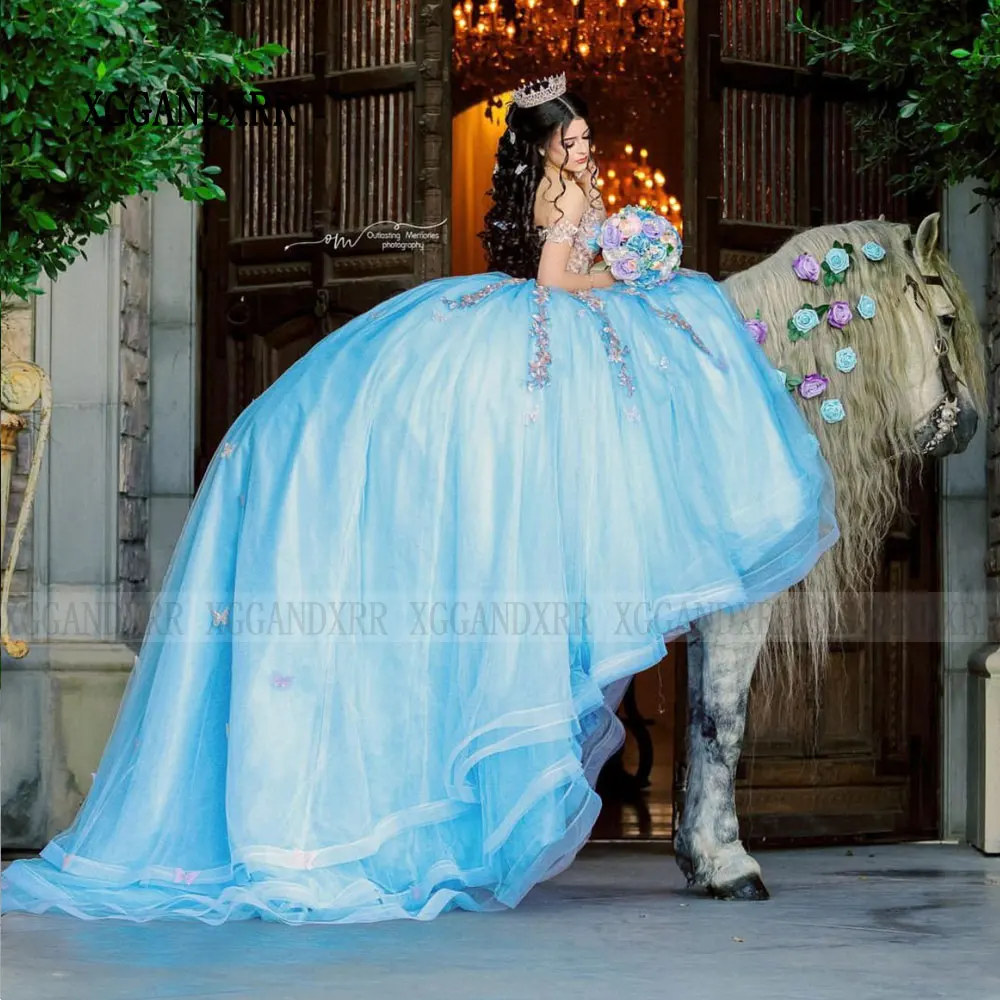 فستان الأميرة Quinceanera باللون الأزرق السماوي ، فستان حفلة XV بزهرة ثلاثية الأبعاد ، 16 فستان حلو ، فساتين مكسيكية ، 15 Quinceanera ،