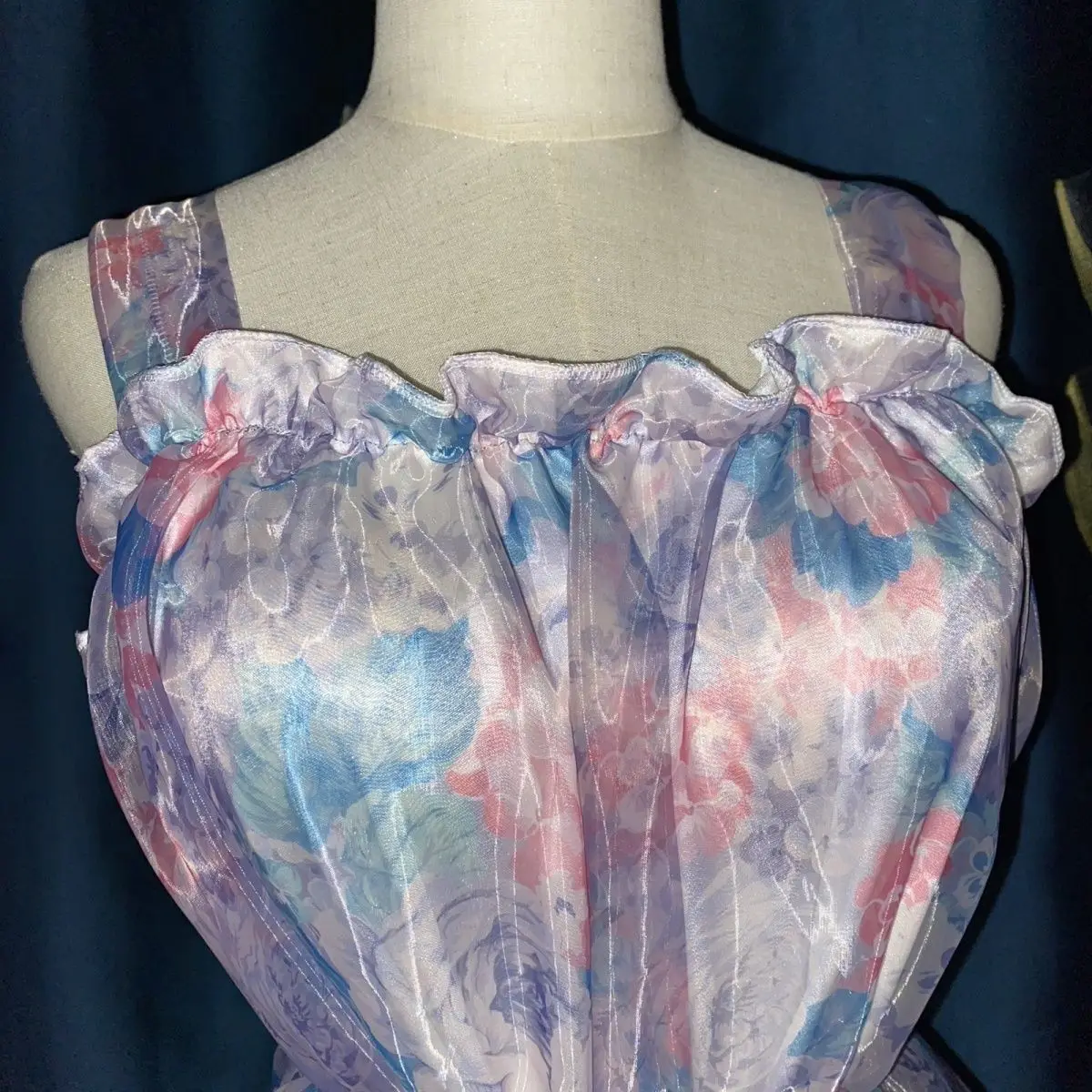 2 Layers Voile Outside Ice Silk inside Floral Print Glossy Sexy Women Satin Long Dress Loose Maxi Dress Elegant Dresses
