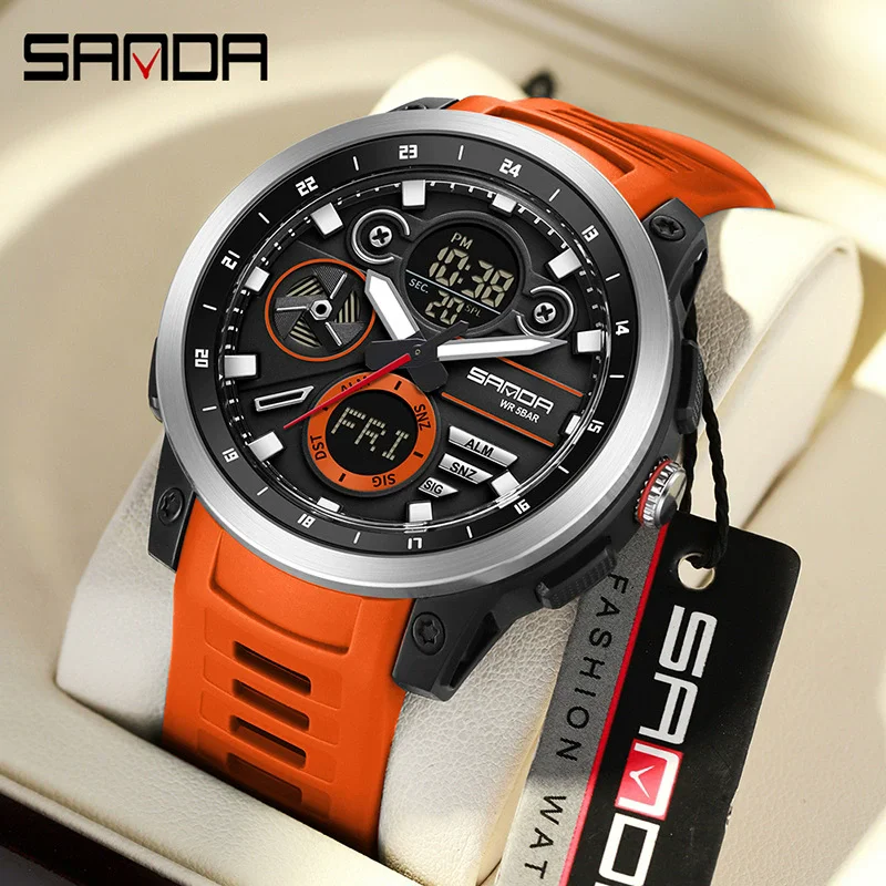 Reloj electrónico SANDA 3379 para hombre, calendario luminoso multifunción, cronógrafo, relojes digitales deportivos de moda resistentes al agua para hombre