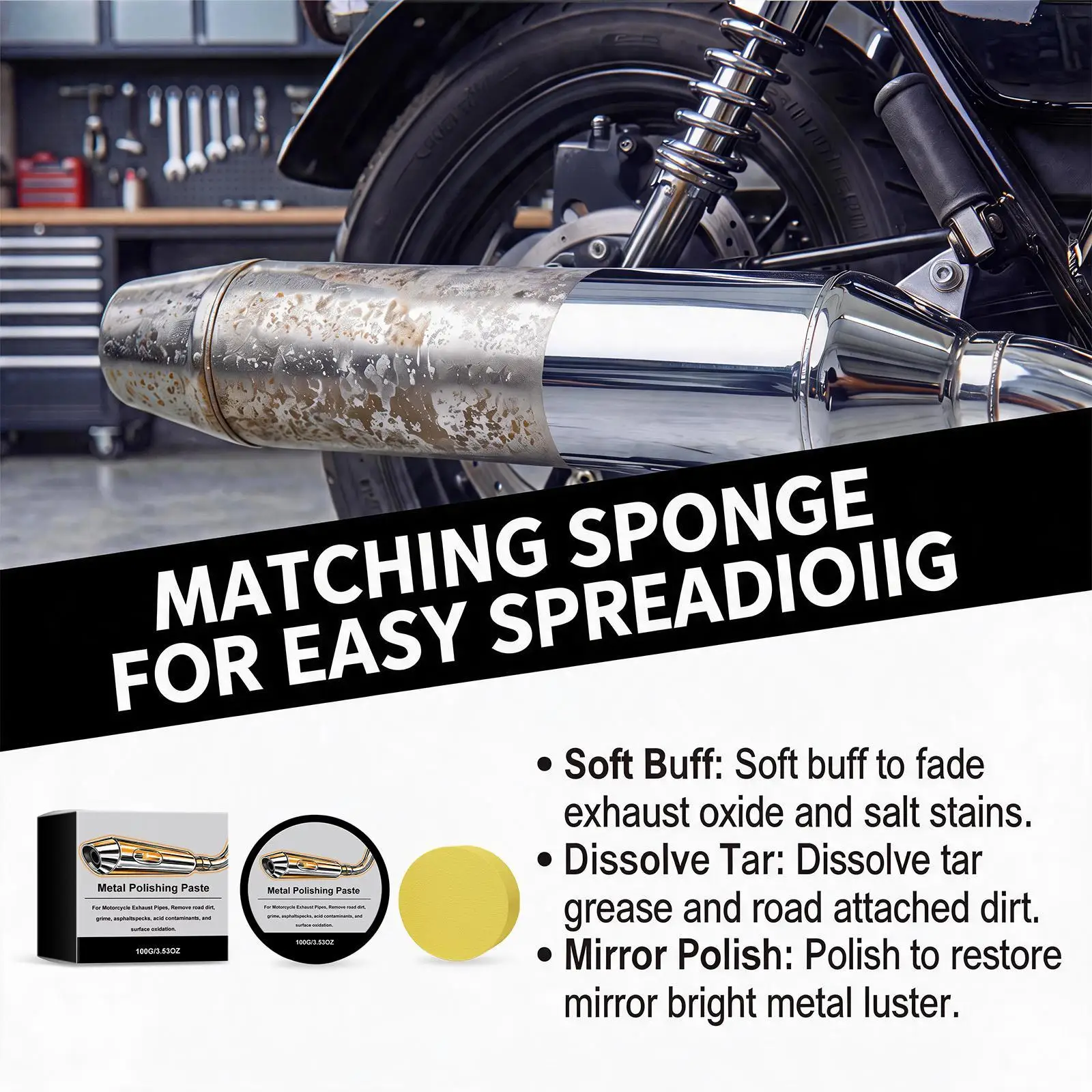 Metal Polishing Paste 100g Exhaust Pipe Rust Remover Chrome Cleaner Restorer Kit with Sponge for Motorcycle Tarnish Eraser