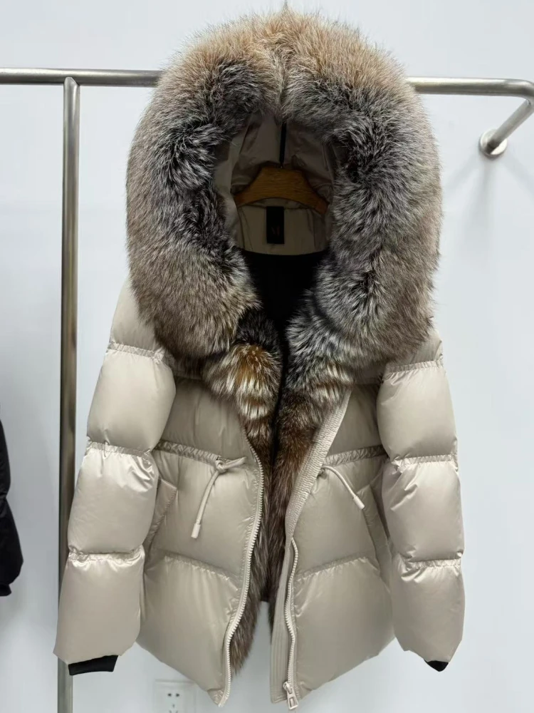 

Women Fox Fur Jacket Loose Hooded White Goose Down Coat Female New Autumn Winter Thick Warm Natural Real Fur Puffer Jacket Lady