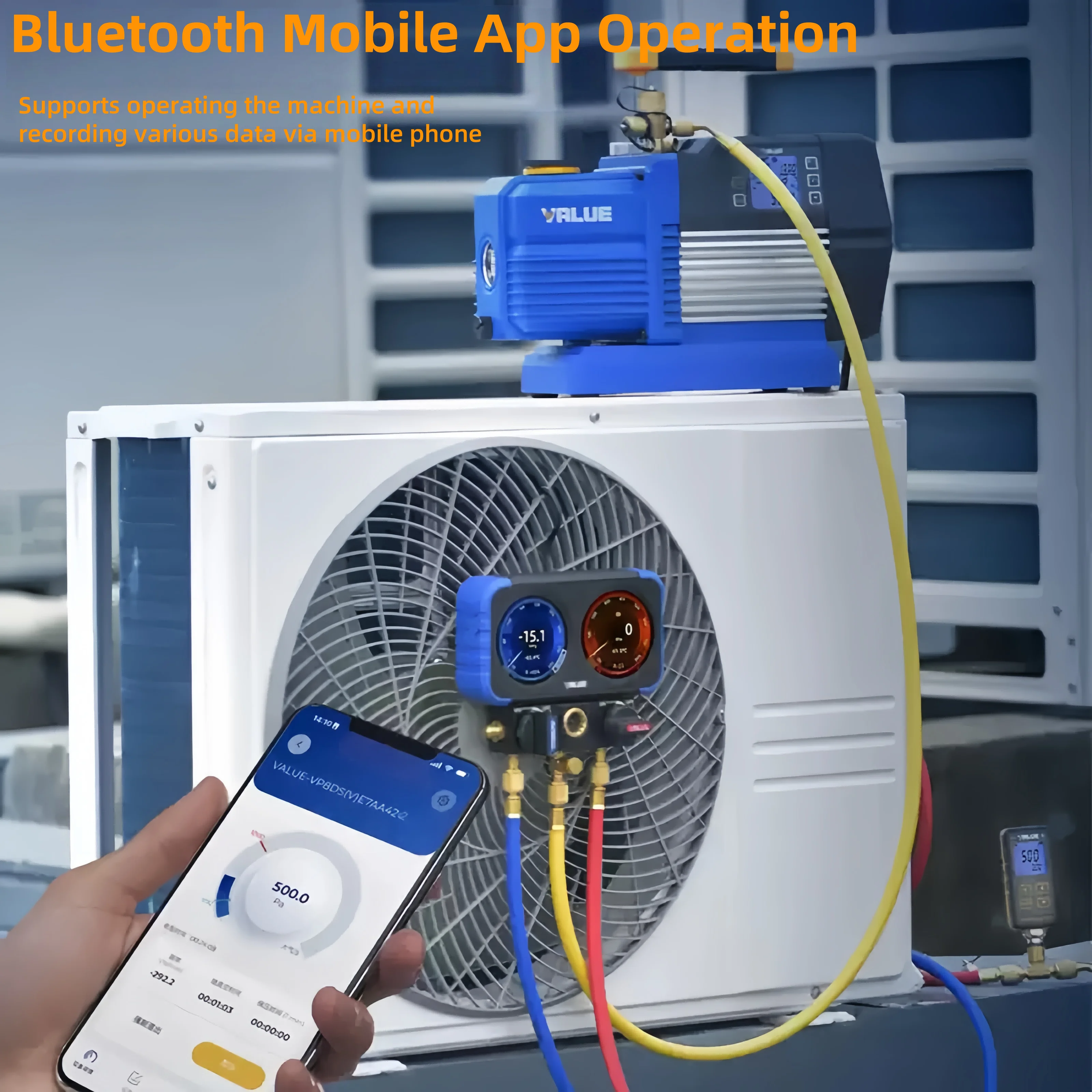 

VP8DSV HVAC Vacuum Pump Dual Stage 8CFM 15 Micron 220V Intelligent with Oil Detection & Integrated Bluetooth Gauge