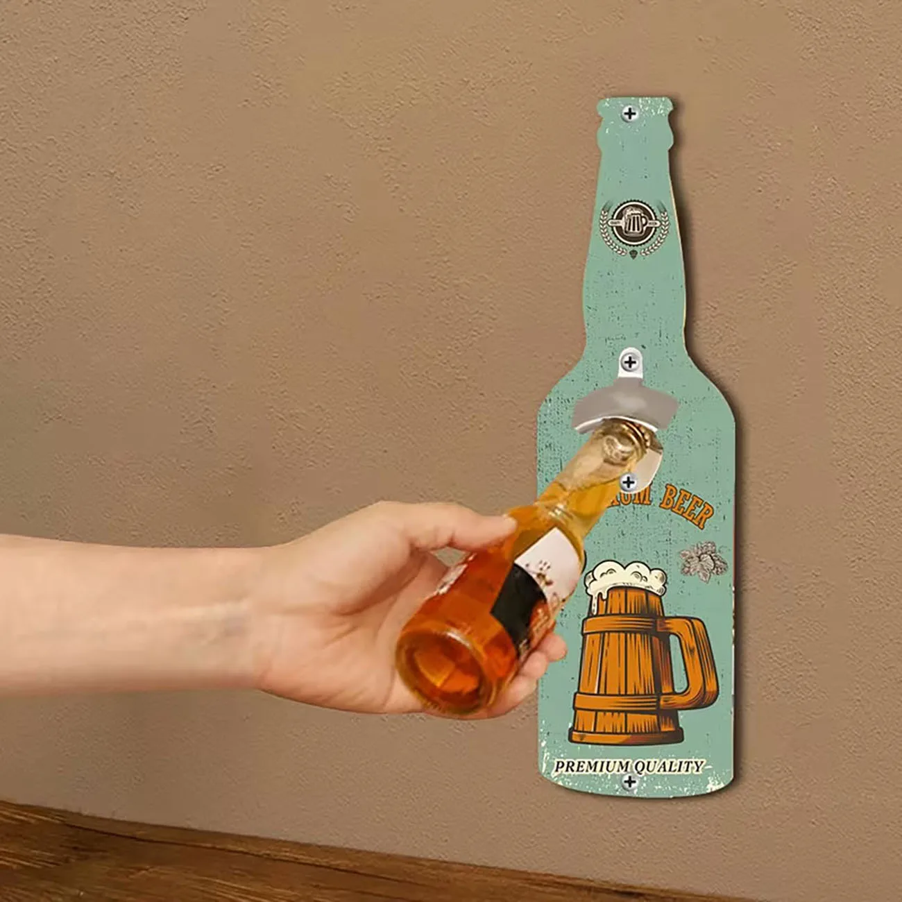 Beer Bottle Shaped Wooden Wall Bottle Opener, Vintage Beer Mug Pattern Wood Accessory Sign for Home Bar Indoor Ornament