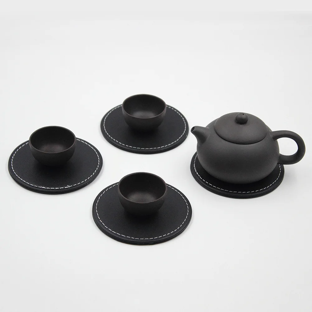 

6pcs Pu Coaster Set With Holder Round Table Mat For Drinks Non-Slip Water Resistant Cup Pads Protection Gift Idea