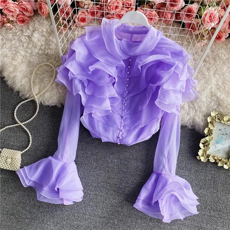 

French court style super fairy layered ruffled organza shirt women's perspective western-style top with flared sleeves