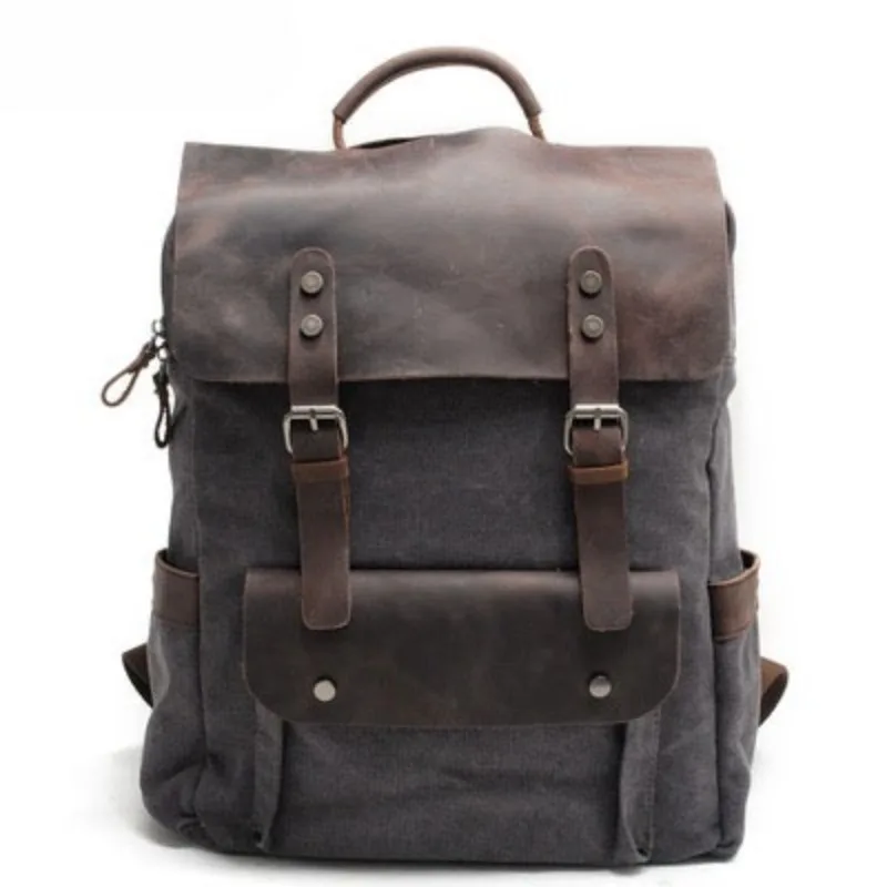 Retro Canvas Laptop Backpack with Full‑Grain Leather Flap Cover, Multi‑Pocket Daypack for Work, Commuting, Camping & Travel