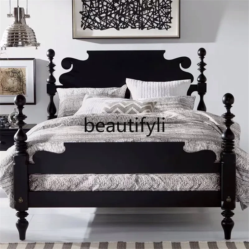 

xz1American solid wood double French simple furniture custom master bedroom black retro wedding bed princess bed
