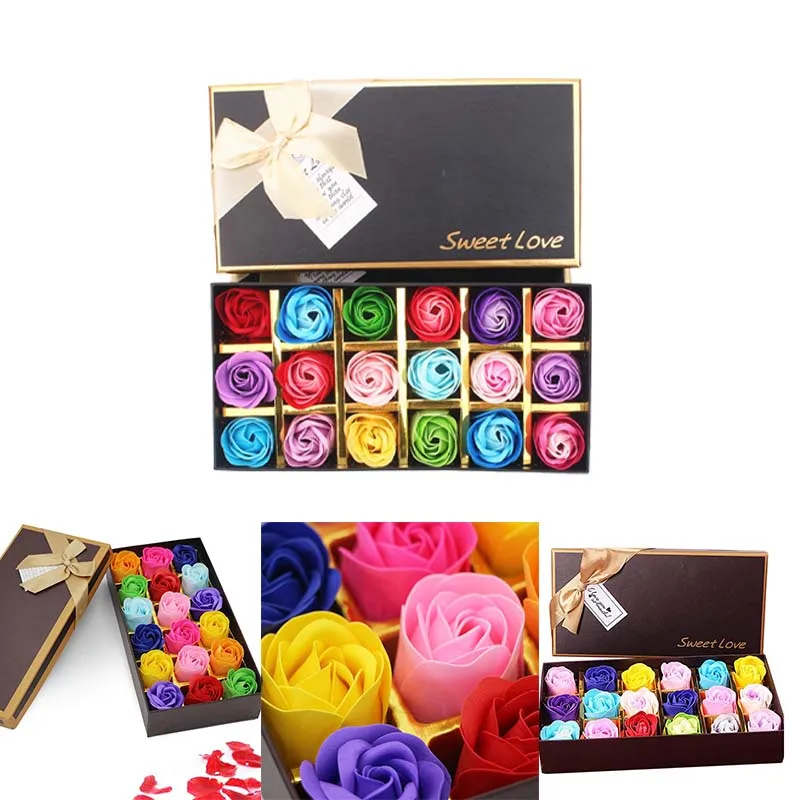 18PCS Romantic Scented Bath Soap Rose Soap Flower Petal with Little Cute Bear Doll Gift Box For Wedding