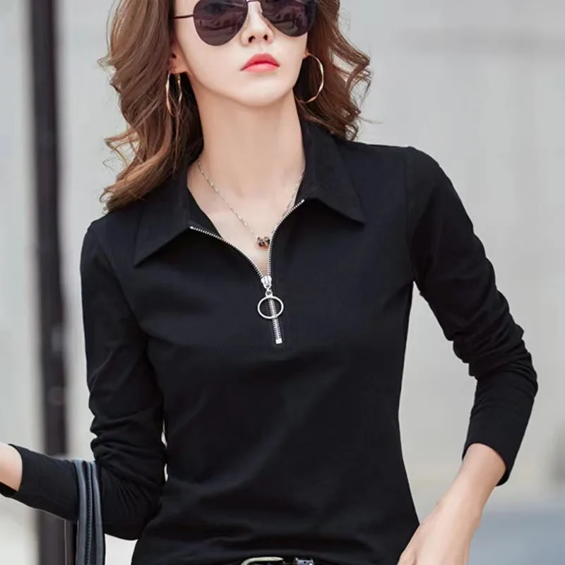 Slim Fit Long Sleeve  Shirt Women's Base Layer Top Spring Autumn Outerwear Commute Style  Color Zipper Design