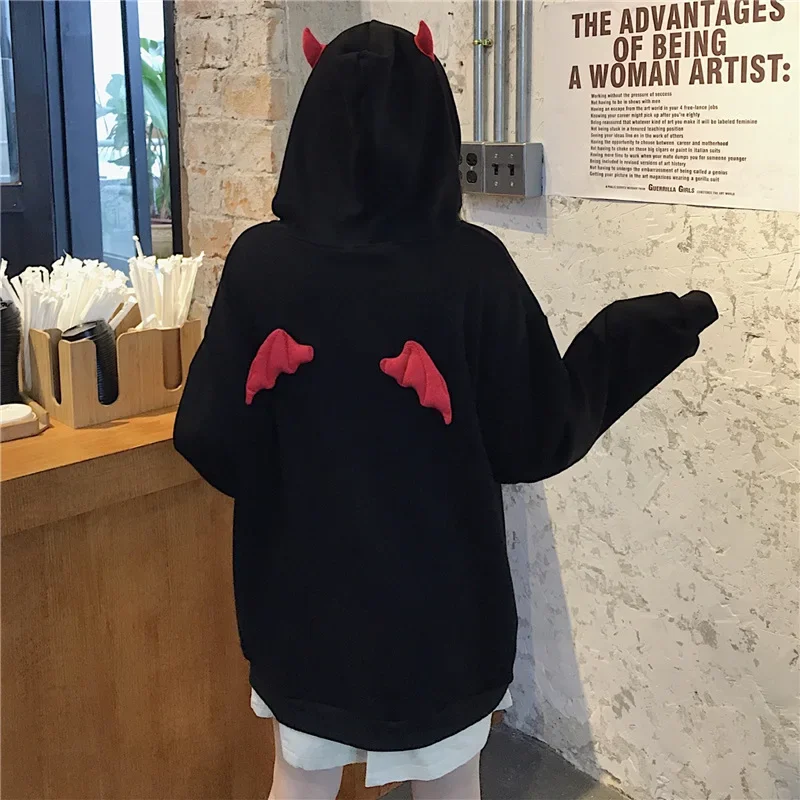 Women Cute Little Devil Hoodies New Chic Halloween Costume Solid Colors Hooded Sweatshirts Harajuku Loose Casual Sweatshirts