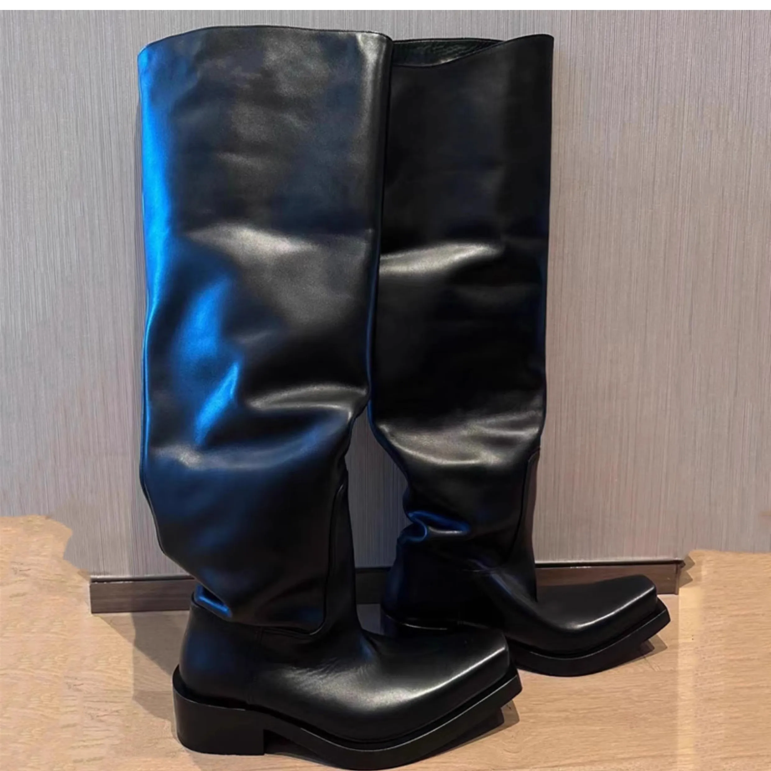 

2024 Autumn Winter Black Leather Over The Knee Boots For Men Women Chunky Platform Punk Motorcycle Unisex Long Boots