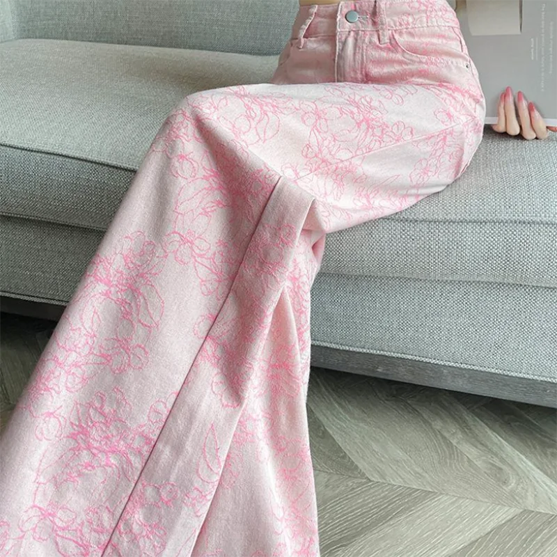 

Pink Silk Denim Jeans Women's Summer Thin Design National Style 3D Embroidery Loose Straight Leg Trousers