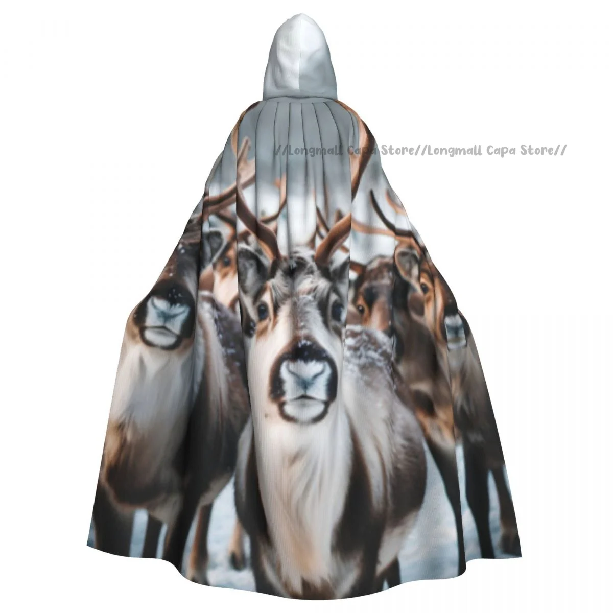 Adult Halloween Reindeers In The Winter Forest Cloak Cape Hooded Medieval Costume Full Length Dress Coat