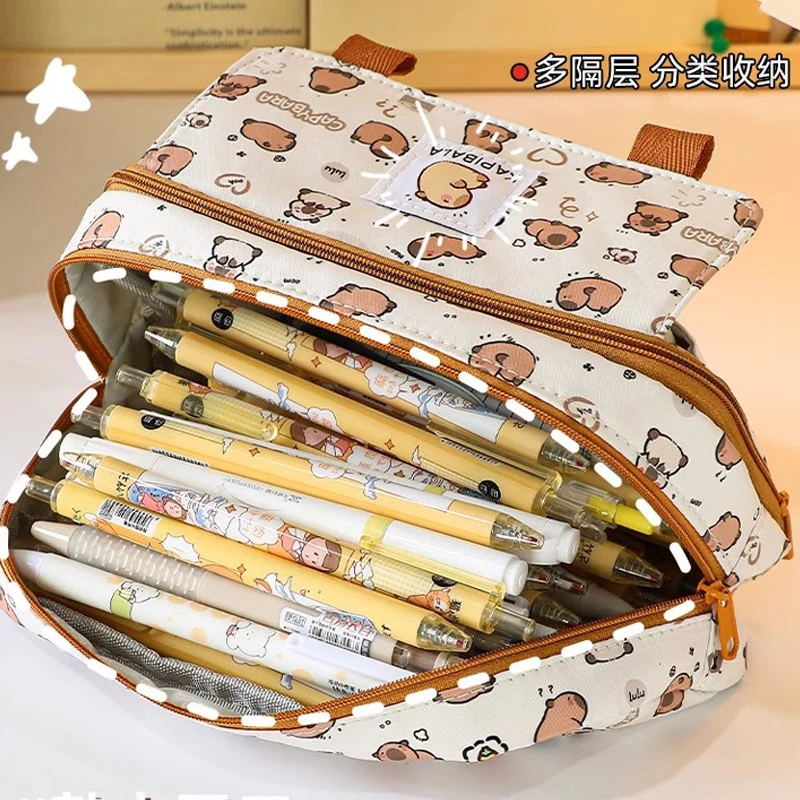 Grande trousse à crayons en toile Capybara Kawaii, sac à stylos, fournitures scolaires esthétiques, retour à l\'école