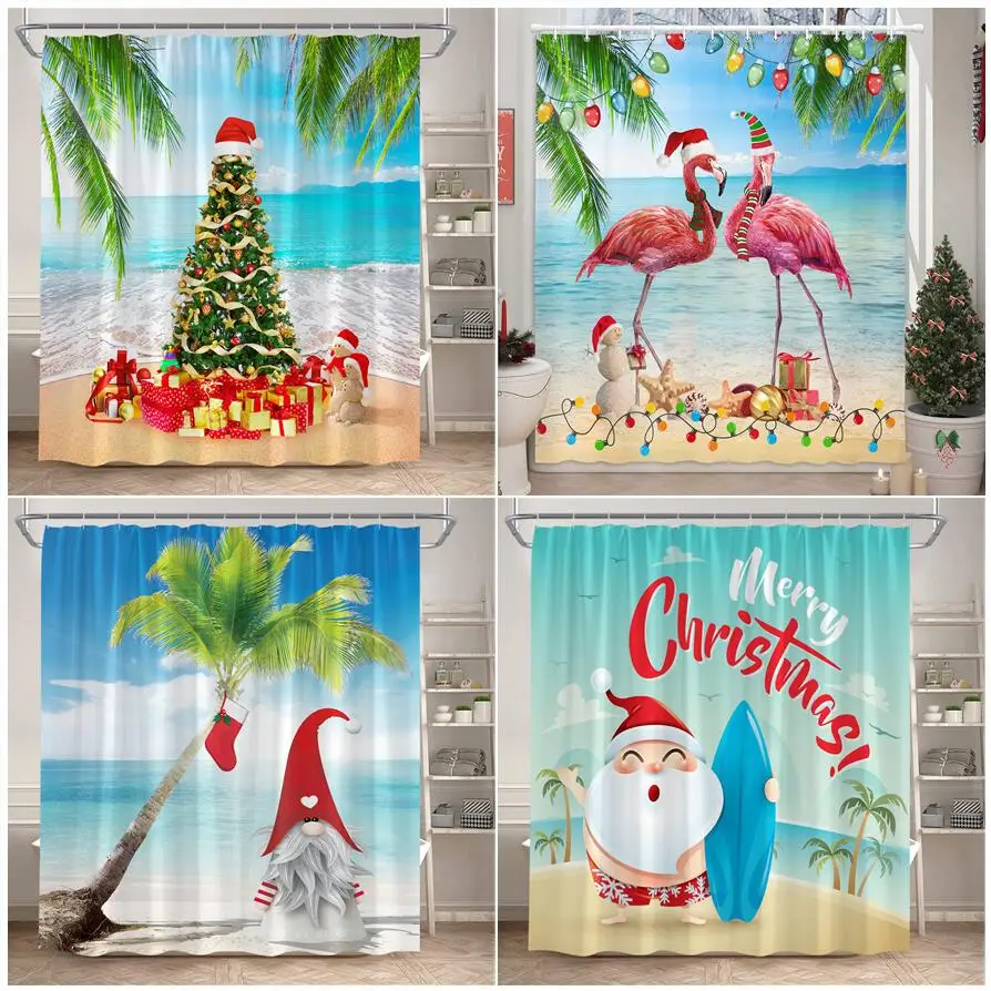 Christmas Shower Curtain Summer Palm Leaves Ocean Xmas Tree Flamingo Santa Claus New Year Home Wall Hanging Cloth Bathroom Decor