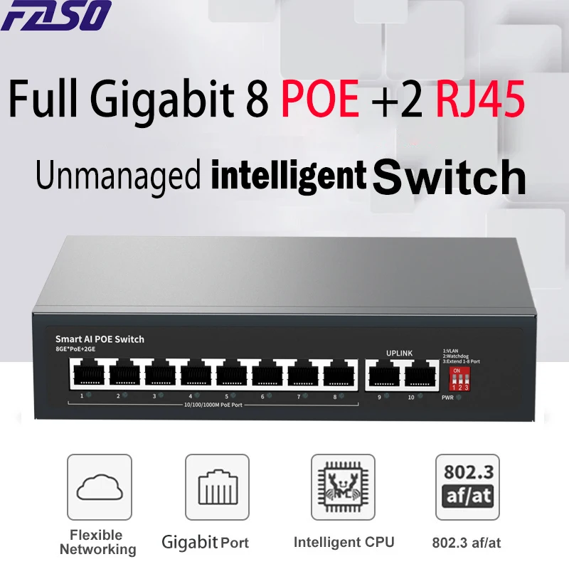

Unmanaged Ethernet Switch 10-port Gigabit Network Switch 8*1000Mb PoE Ports+2*Uplink PoE Ports Suitable for IP Camera Switch