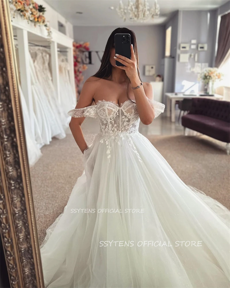 Chic Lace Tulle A Line abiti da sposa Off the Shoulder abito da sposa 2024 Sweetheart corsetto Back Bride Party Dresses For Women