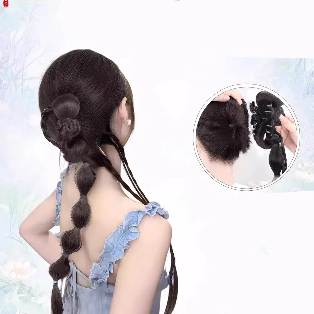 Parrucca sintetica con treccia a bolle di coda di cavallo Hanfu Cheongsam Testa a sfera con cravatta laterale Clip-on Trecce intrecciate Estensione Bocciolo di fiore simulato