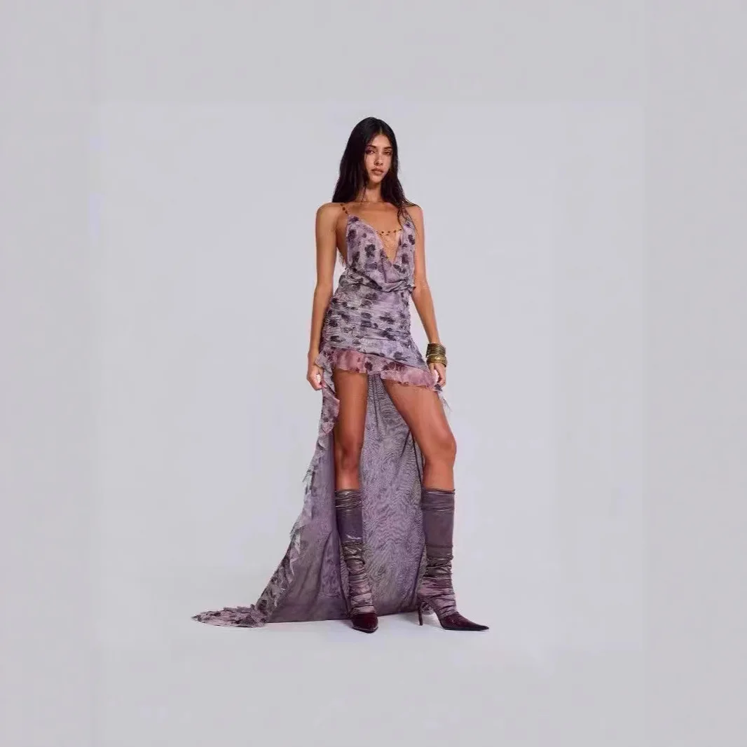 

sexy hot girl hollow out see through backless lace-up maxi dress 2025 summer new bosycon irregularity ruffle evening dresses