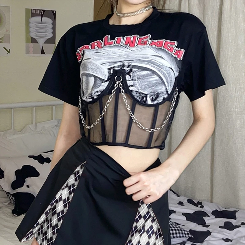 Women Punk Short Sleeve Crop Top Harajuku Mesh Chain Corset Stitching Patchwork T-Shirt Letters Graphic Lace-Up Slim Tee