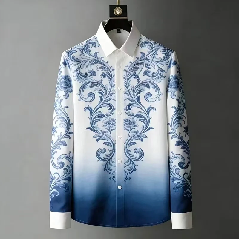 2027 Vintage Casual Fashion Shirt  Men's 3D Printing  Long Sleeved Shirt With Collar Buttons  Camisa Hombre Blanca Brillo