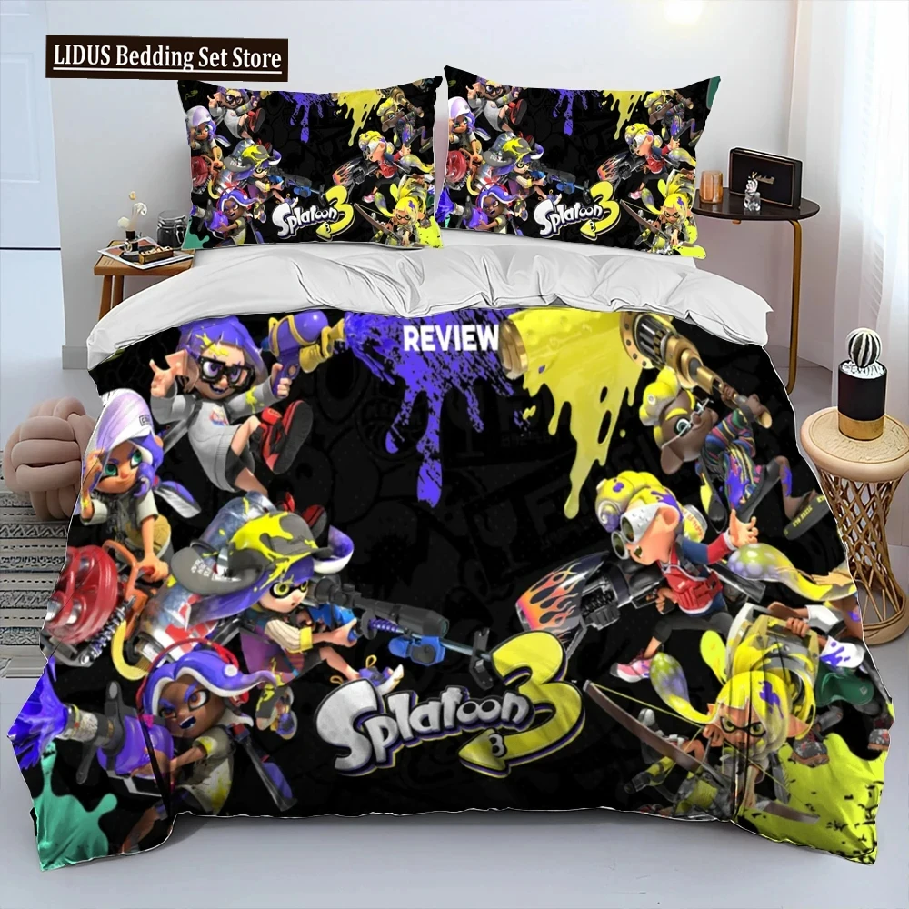 

S-Splatoon Game Gamer Cartoon Comforter Bedding Set,Duvet Cover Bed Set Quilt Cover Pillowcase,King Queen Size Bedding Set Boys