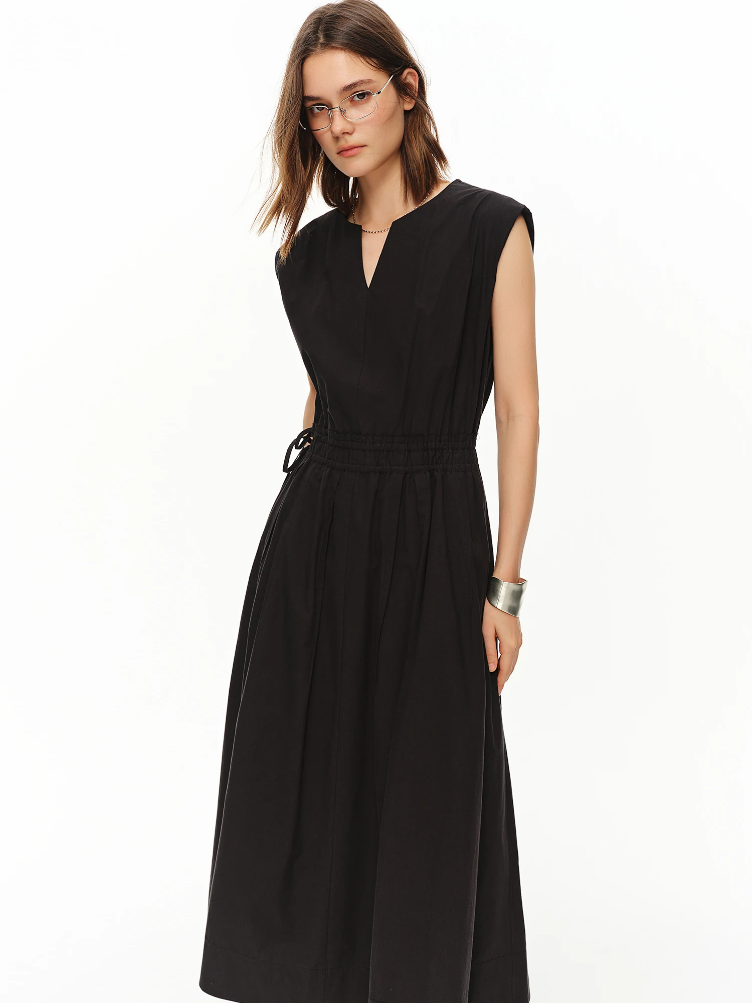 DUSHU 2026 Summer Women V-Neck Waist-Cinching A-Line Midi Dress Intellectual Sleeveless Office Slip Quiet Luxury Poetcore Style