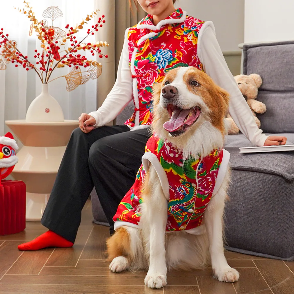 New Year Dog Dragon Robe Winter Warm Cat Cheongsam Pet Clothe Vest of The Tang Dynasty Christmas Coat for Cats Teddy Bichon Dogs
