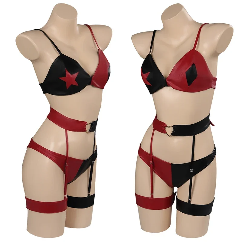 RT01 Quinzel تأثيري مثير مجموعة الملابس الداخلية النساء زي فيلم سوبر الشرير فانتازيا ضمادة الملابس الداخلية هالوين كرنفال حفلة * JK2