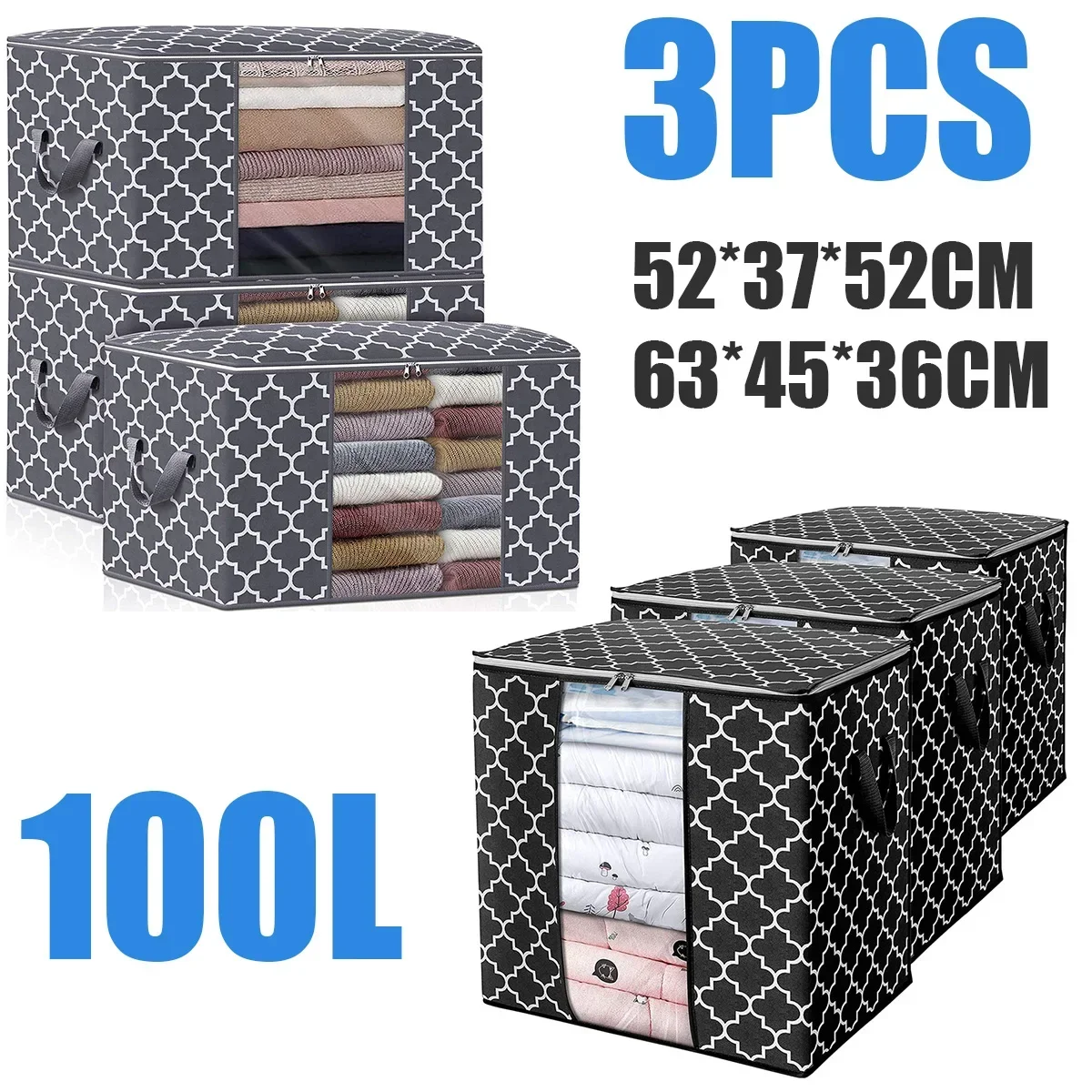 

3PCS 100L Large Capacity Foldable Clothes Storage Bags Organizer Non-woven Wardrobe Blanket Clothes Containers Sturdy Zippers