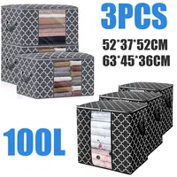 3PCS 100L Large Capacity Foldable Clothes Storage Bags Organizer Non-woven Wardrobe Blanket Clothes Containers Sturdy Zippers