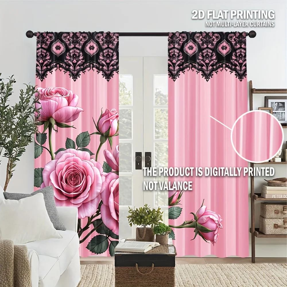 Large Floral Rose Print Curtain Panels for Living Room Bedroom Home Decor Window Treatment