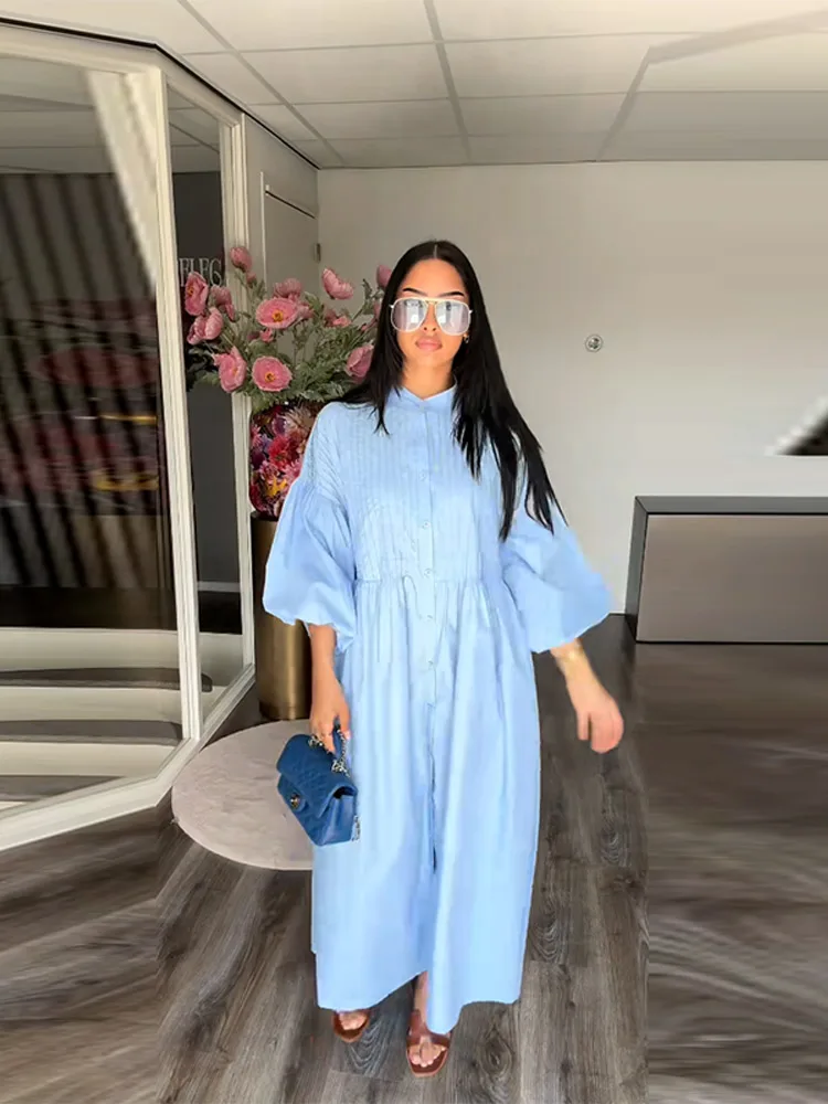 Elegantจีบชุดยาวผู้หญิงOversizeโคมไฟเดี่ยวBreasted O-คอชุดลําลองฤดูร้อน 2025 New Street Robe