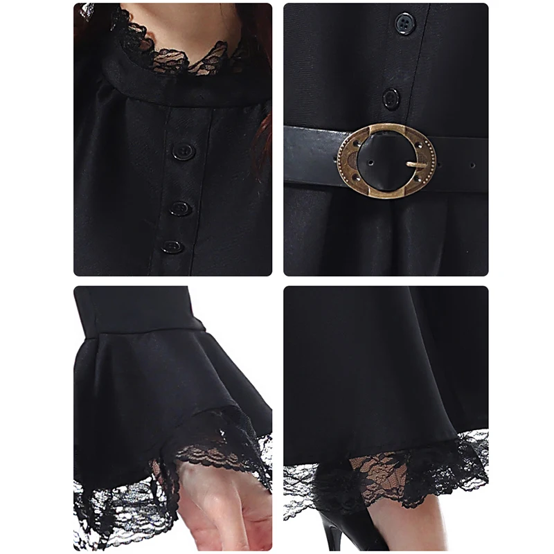 Costume de sorcière méchante pour femmes, robe évasée à manches bouffantes, tenue occidentale pour Cosplay effrayant et déguisement d'halloween avec chapeau de sorcière et ceinture