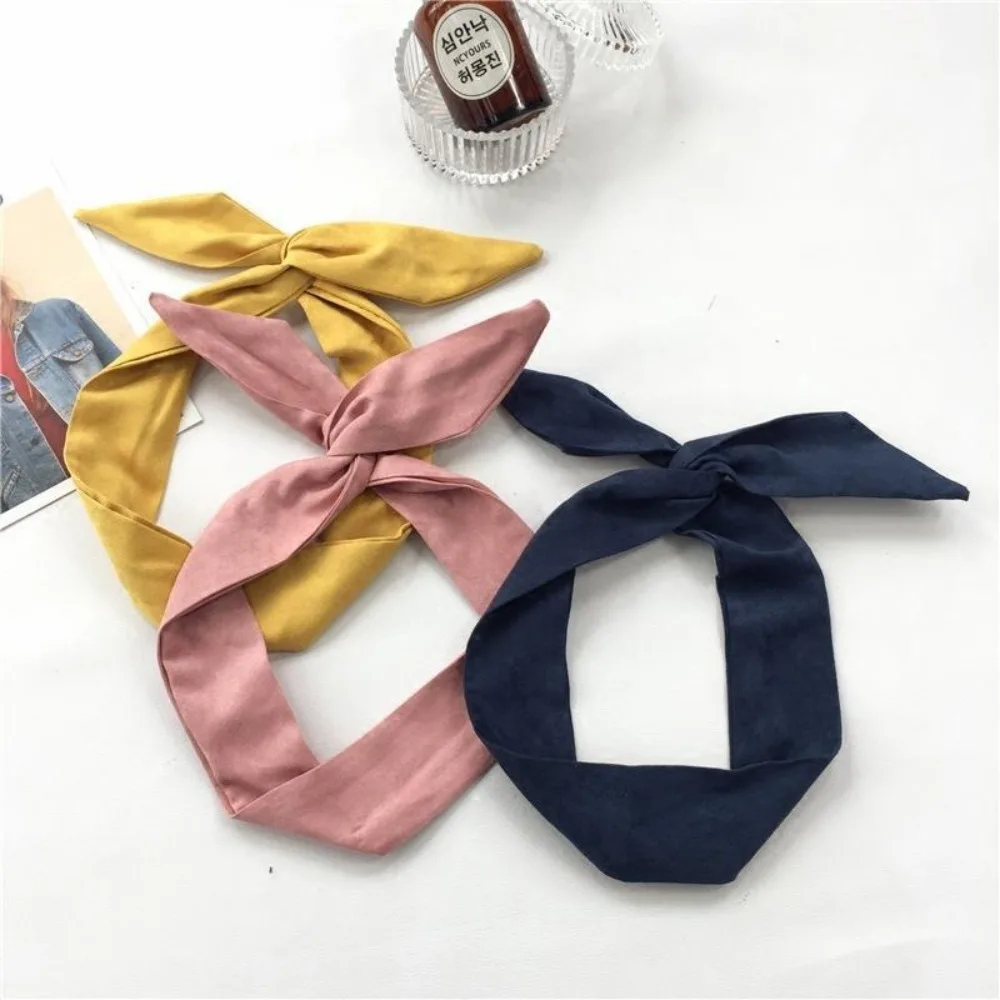 

Solid Color Suede Headband Twist Style Bunny Ear Shape Bunny Ear Ribbon Cross Bowknot Print Design Metal Wire Scarf