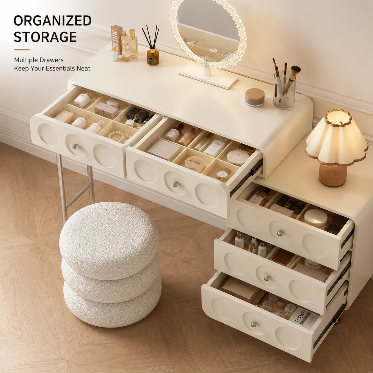 #Modern Makeup Vanity Desk Set With Lighted Mirror Dimmable Storage Cabinet & Stool For Bedroom Bathroom Hotel Use