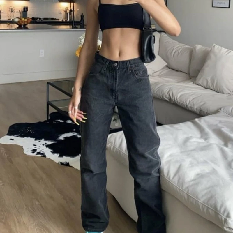 

Women's Jeans Straight-leg Pants Loose and Casual All-match Gray and Black Jeans 2022 Ladies High-waisted Slim Mopping Pants